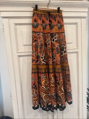 Bohemian Rust Floral Tiered Maxi Skirt